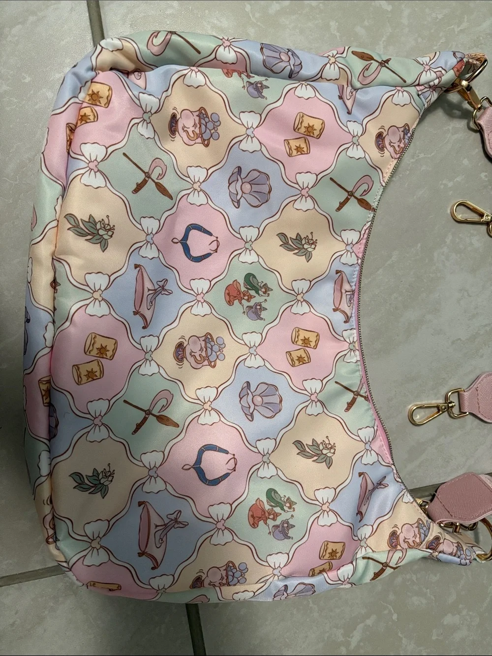 Pastel Pink Patterned Shoulder Bag with Removable Straps
